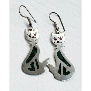 Vintage Alpaca Silver Cat Dangle Earrings Signed ALPACA Mexico Abalone Enamel